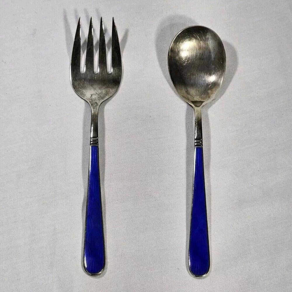 D&C Japan  E.P. Flatware Serving Set Spoon Fork Cobalt Blue W/ Scalloped Design